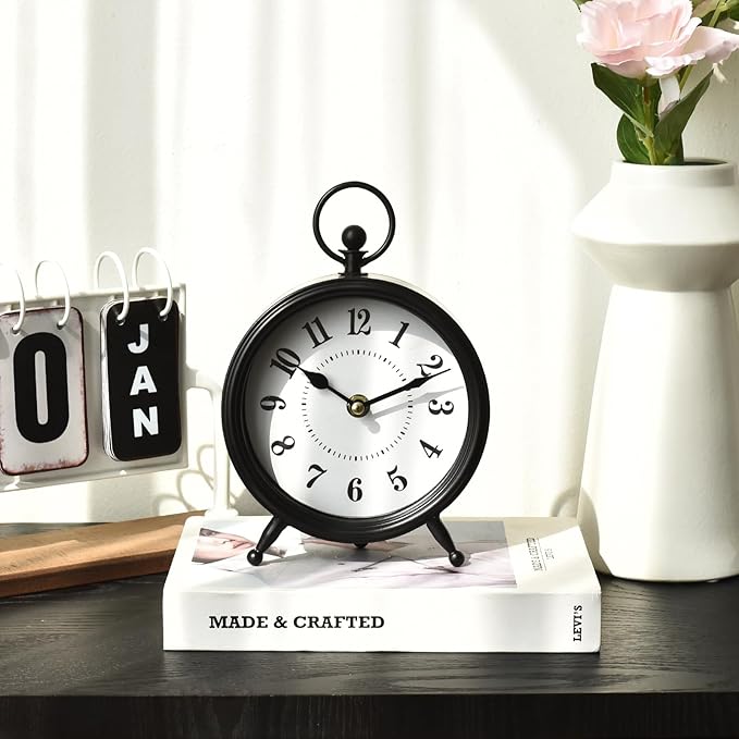 Vintage Black Table Clock on Stand, Decorative Desk and Shelf Clock，Decorative Battery Operated Table Top Clock for Living Room，Silent Non-Ticking(Small)-Ruum Studio Home