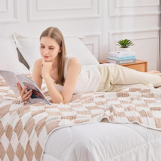 EMME Checkered Cotton Blanket Queen Size for Bed Soft Large Muslin Bed Blankets 80"x90" Lightweight Breathable Cooling All Season Gauze, Light Tan-Ruum Studio Home