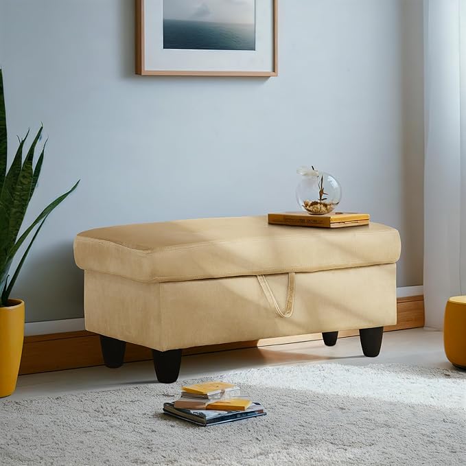 Ottoman Rectangular Storage Ottoman Bench, Flannel Footrest Stool Footstool with Lid for Living Room, Bedroom, Entryway, Light Brown, 28.5"x19"x17.5"-Ruum Studio Home