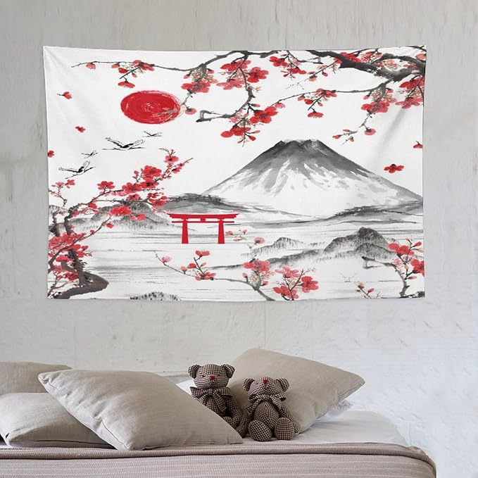 Red Cherry Blossoms Tapestry, Japanese Fuji Mountain Tapestry, Asian Japanese Wall Tapestry, Nature Landscape Tapestries for Bedroom Living Room Decor 60"x40"-Ruum Studio Home