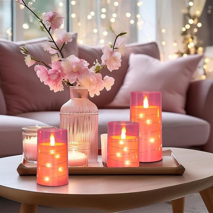 Aignis Flickering Flameless Candles Battery Operated Candles LED Candles with Remote Timer for Home/Wedding/Birthday/Holiday Decor, Cherry Blossom Pink 3D Flame Set of 3 (D3 xH4 5" 6")-Ruum Studio Home