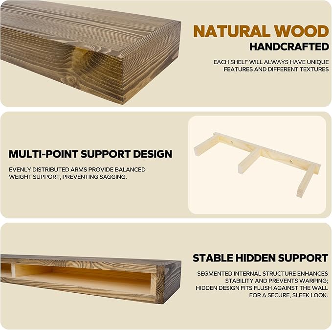 Floating Shelves 24 inch for Wall Set of 2,3 inch Thick Pine Wood Wall Mount Shelf for Kitchen Living Room Bedroom Bathroom,8" D x 24" L x 3" H-Drak Walnut-Ruum Studio Home