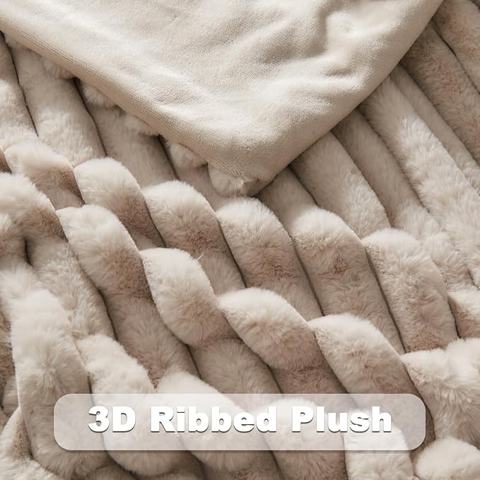 NEWCOSPLAY Faux Fur Throw Blanket Linen 3D Ribbed Plush Thick Warm Blanket for Couch Sofa Bed 850GSM (Linen Ribbed, Throw(50"x60"))-Ruum Studio Home