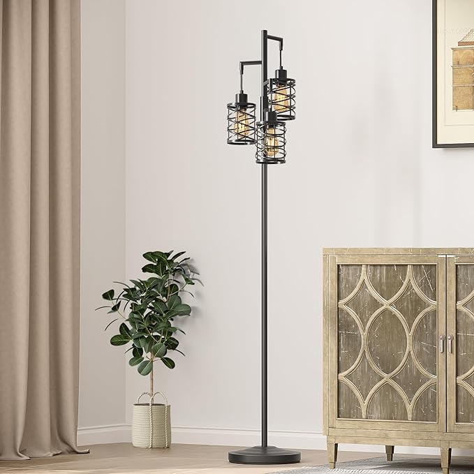 Oneach 70" Industrial Floor Lamp, Stepless Dimmable Standing Lamp with 3 Bulbs, Farmhouse Corner Standing Tree Lamp for Living Room, Tall Lamps for Bedroom, Office, Study Room, Dining Room, Black-Ruum Studio Home