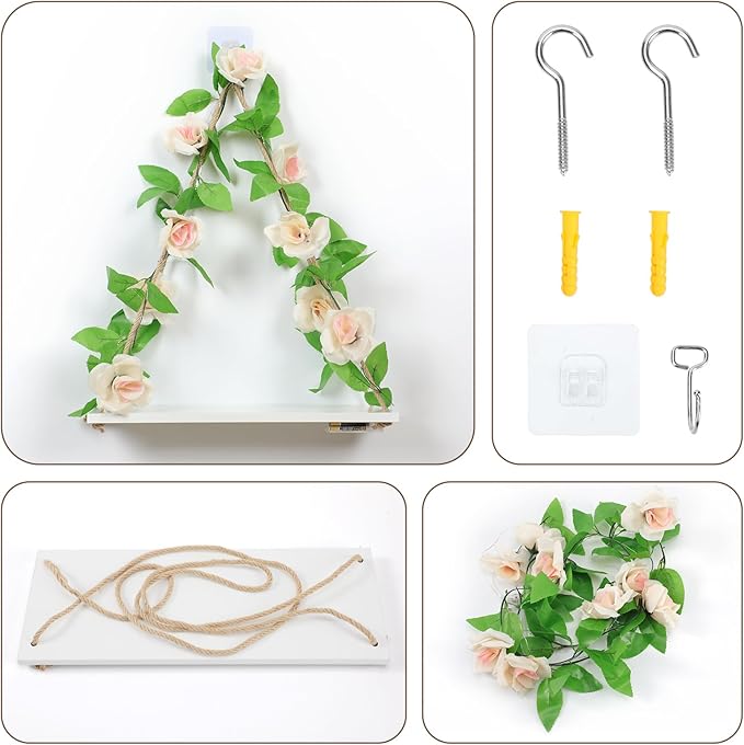 Floating Shelves for Wall,Plant Wall Decor,Hanging Shelf,Cottage Core Decor,Room Decor Aesthetic,Boho Room,Adhesive Shelves,Floating Shelves for No Drilling,Two-Piece Set(Champagne Flower)-Ruum Studio Home