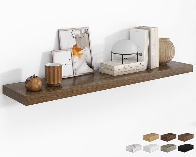 RICHFOCUS 55Inch Floating Shelves for Wall 1 Pack Shelves for Bedroom|Kitchen|Bathroom Wall Mounted Rustic Wood Floating Shelf with Invisible Brackets for Books|Storage|Decor, Walnut-Ruum Studio Home