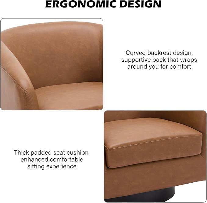Swivel Barrel Accent Chair, Modern Round Faux Leather Arm Chair for Living Room, Bedroom, Comfy Club Reading Chairs for Adults, Faux Leather Brown, Set of 2-Ruum Studio Home
