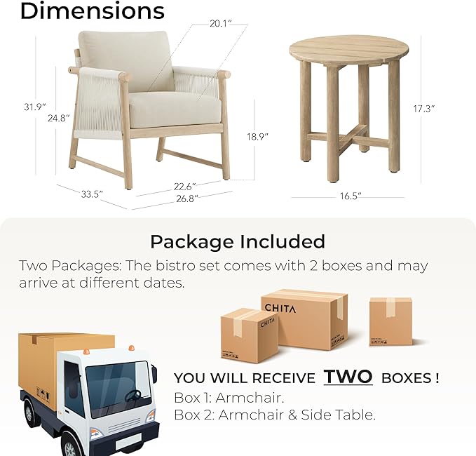 CHITA 3 Pieces Boho Patio Rattan Bistro Set, Outdoor Wicker Chairs & Side Table Set with Acacia Wood Frame(Cream)-Ruum Studio Home