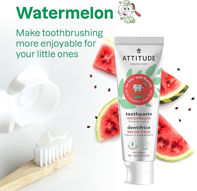 ATTITUDE Toothpaste with Fluoride, Prevents Tooth Decay and Cavities, Vegan, Cruelty-Free and Sugar-Free, Watermelon, 4.2 Oz-Ruum Studio Home