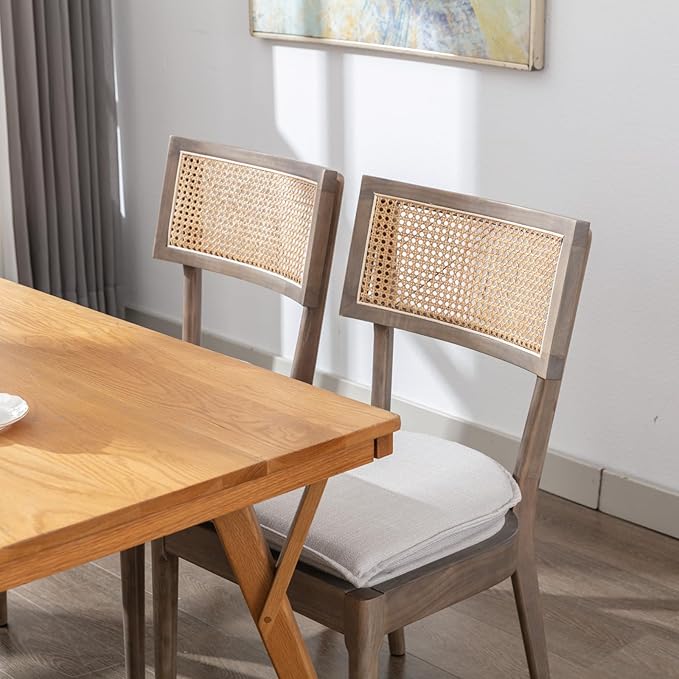 Rattan Dining Chairs Set Of 4 , Mid Century Modern Upholstered Cane Back Chairs with Removable Linen Cushion , Retro Farmhouse Natural Wooden Kitchen & Dining Room Chairs for Restaurant Living Room-Ruum Studio Home