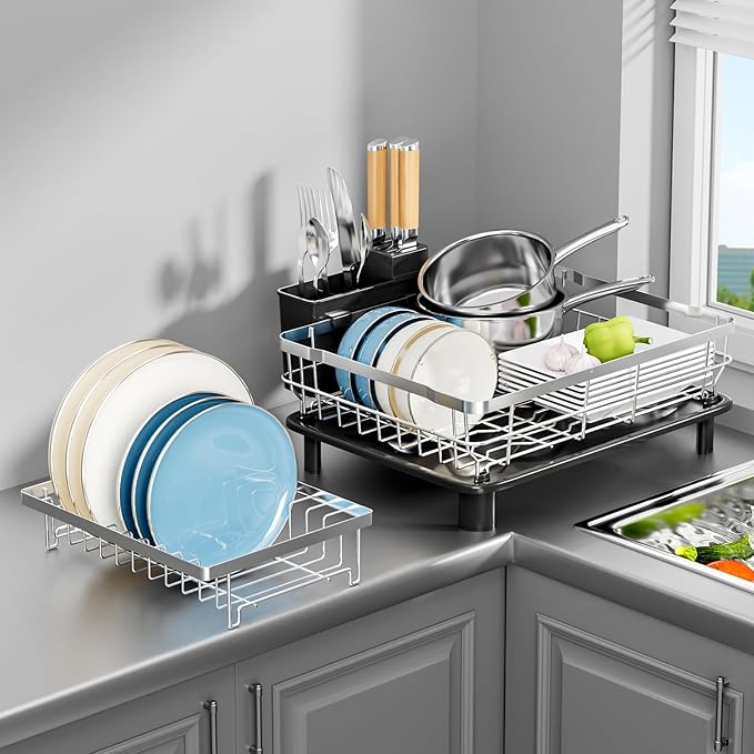 MOUKABAL Dish Drying Rack - 2 Tier Stainless Steel Dish Rack, Dish Racks for Kitchen Counter, Drying Rack Kitchen with Removable Utensil Holder and Drainboard (Black)-Ruum Studio Home