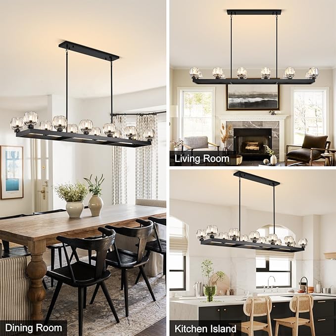 59 Inch Black Rectangle Wagon Wheel Chandeliers, Black Chandelier for Dining Room Over Table, Modern Crystal Long Chandelier, Farmhouse Large Linear Chandeliers for Kitchen Island-Ruum Studio Home