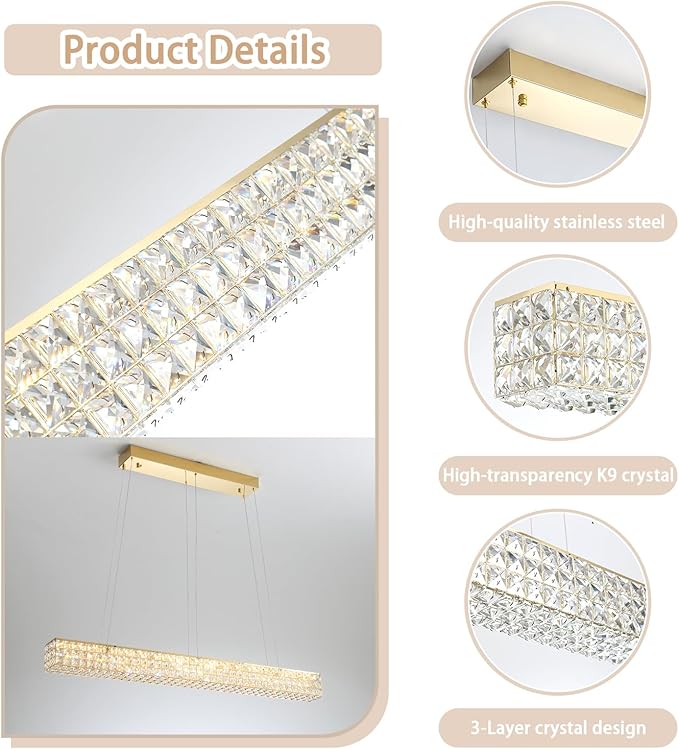 W48 Rectangular Gold Crystal Chandelier Modern Rectangle Pendant Ceiling Light Fixture for Living Room Dining Room Kitchen Island Bar-Ruum Studio Home