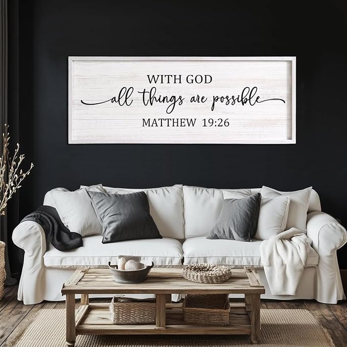 With God All Things are Possible Framed Wall Art, 40''×15'' Vintage Holy Religious Rustic Bible Verse for Christian God Jesus Christ Prayer, Positive Horizontal Inspirational Catholic Scripture Decor-Ruum Studio Home