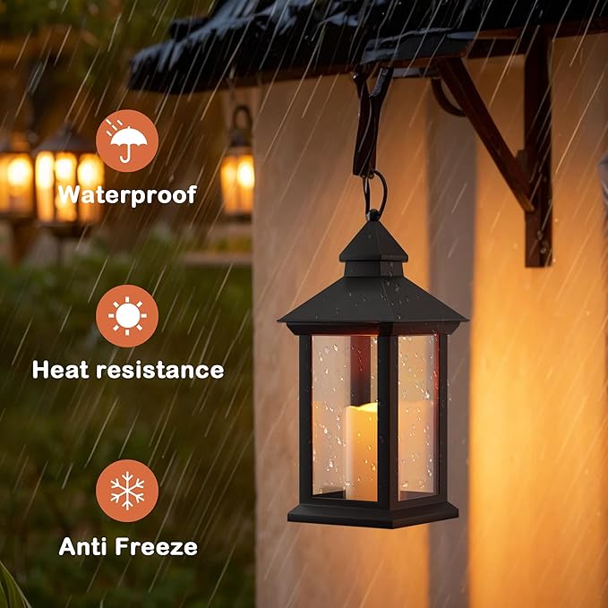 Lanterns Decorative Indoor, 1 Pack Black Outdoor Lantern with Timer, 14" Lantern Waterproof with Battery Operated Candle, Outdoor Hanging Lanterns for Porch, Patio, Wedding Decor-Ruum Studio Home