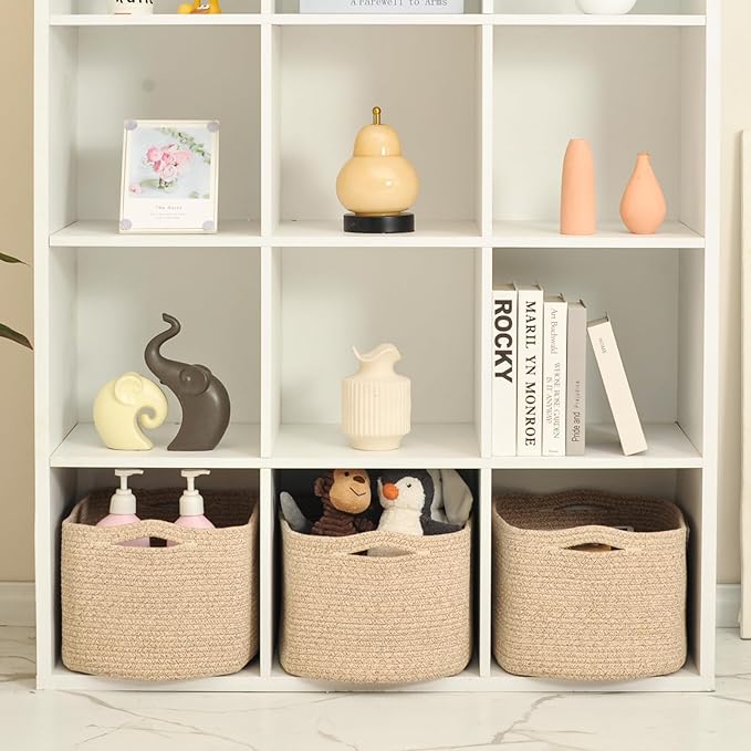 Large Storage Baskets for Organizing Shelves, Woven Cotton Rope Bins for Baby Nursery Organization, Book Toy Towel Organizer, 17"x13"x9.5", 3 Packs, Brown-Ruum Studio Home