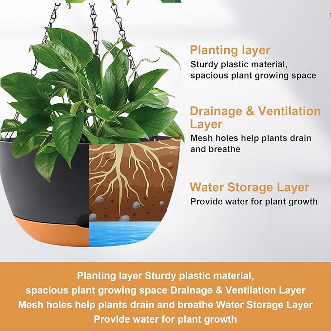 4 Pack Plastic Hanging pots for Plants Indoor,8 Inch Plant Pot Indoor Outdoor Hanging Baskets,Hanging Flower Pots with Drainage Holes and Chain for Garden Porch Plants(Black)-Ruum Studio Home