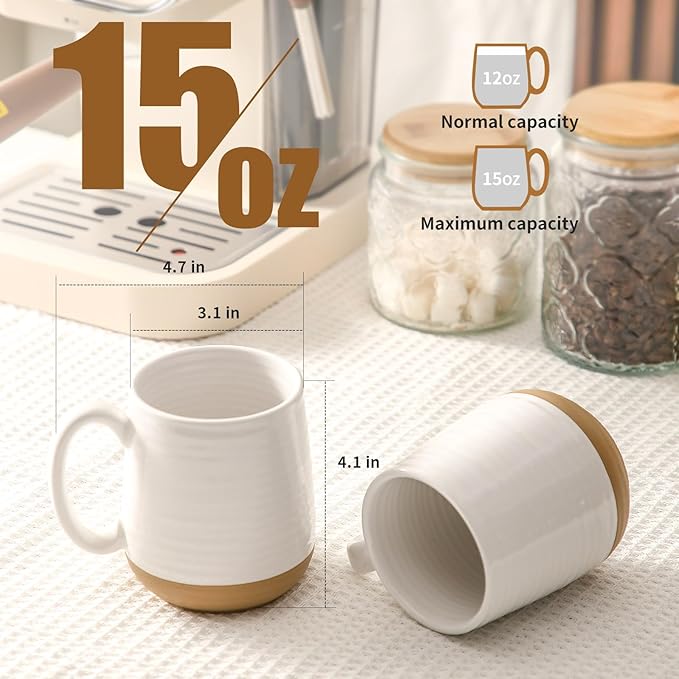 Hasense Porcelain Coffee Mugs Set of 6, 15 Ounce Large Ceramic Coffee Cups Set with Handle for Latte, Tea, Cocoa and Hot Chocolate, White Coffee Mugs for Men and Women, Microwave Safe-Ruum Studio Home