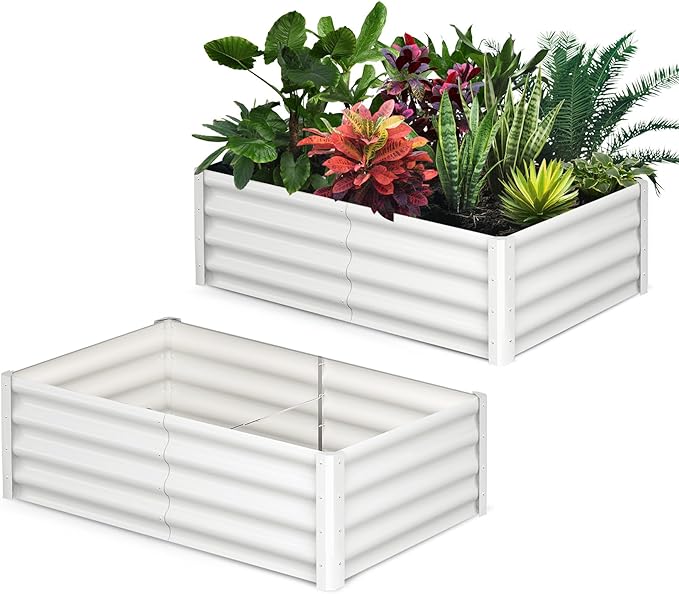 Galvanized Raised Garden Bed Outdoor, 2 Pcs 6x3x1FT Outdoor Large Planter Raised Beds Open Base with Safety Edge and Glove for Vegetables Flowers Ground Planter, White-Ruum Studio Home