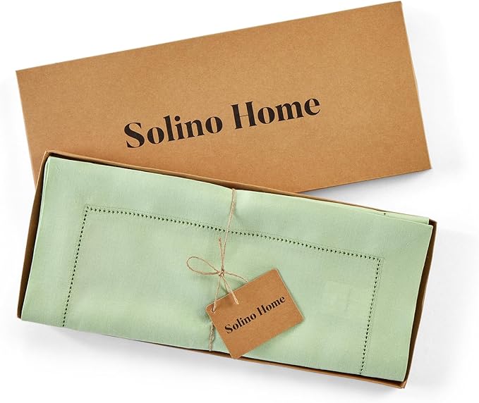 Solino Home Linen Light Green Hemstitch Table Runner 48 Inches - 100% Pure Linen Small Table Runner 14 x 48 Inch Ideal for Dresser and Coffee Tables - Classic Hemstitch-Ruum Studio Home