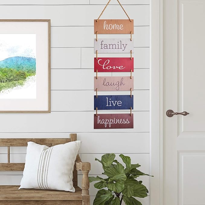 EXCELLO GLOBAL PRODUCTS Large Hanging Wall Sign: Rustic Wooden Decor (Home, Family, Love, Laugh, Live, Happiness) Hanging Wood Wall Decoration (11.75" x 32")-Ruum Studio Home
