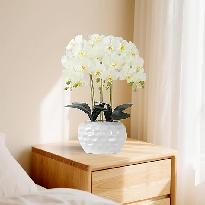 Orchid Artificial Flowers with White Vase Large Silk Faux Phalaenopsis Flowers for Dining Room Table Floral Centerpieces Indoor Decoration,White-Ruum Studio Home