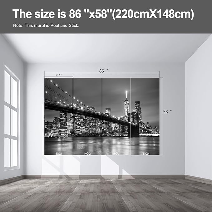 Gray Brooklyn Bridge at Night NYC Wall murals New York Peel and Stick Wallpaper for Bedroom Living Room - 58"x86"-Ruum Studio Home