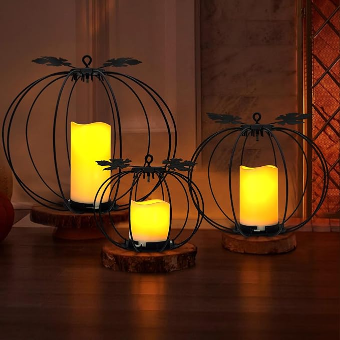 Halloween Metal Pumpkin Candle Holder, 3 Pcs Light up Black Pumpkin Lantern with LED Flickering Yellow Candle Lights Build in Timer for Thanksgiving Halloween Harvest Fall Home Decor-Ruum Studio Home