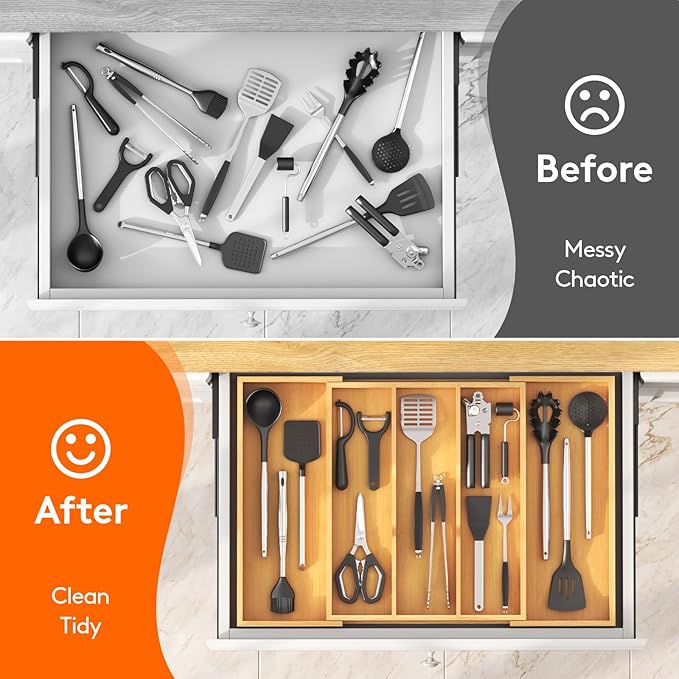 Lifewit Utensil Organizer for Kitchen Drawer, Expandable Cooking Utensil Tray, Bamboo Cutlery Silverware Flatware Holder, Adjustable Spatula Tools Gadget Storage Divider, 28 x18.5 x 2 inches, Natural-Ruum Studio Home