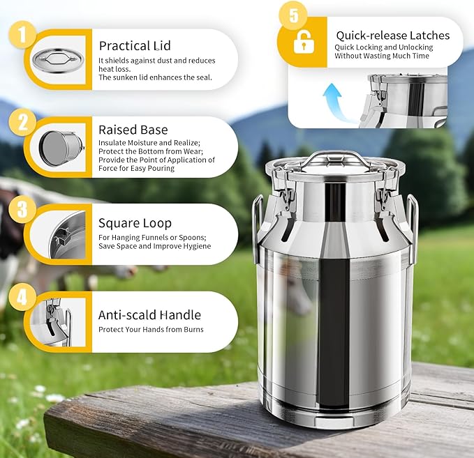Stainless Steel Milk Can, 30L/7.9 Gallon Heavy Duty Airtight Storage Canister Milk Bucket with Lid, Embedded Silicone Milk Jug Wine Pail Water Cereals Bucket with Three Latches and Two Handles