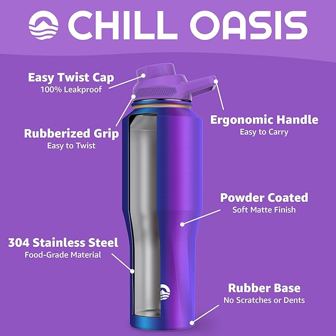 Chill Oasis Water Bottle | Compatible With Popular Flavor Cartridges | BPA Free, Leak Proof, Double-Walled Vacuum Insulated Stainless Steel, and Dishwasher Safe | Cold for 24 Hours (Aura, 32oz)-Ruum Studio Home