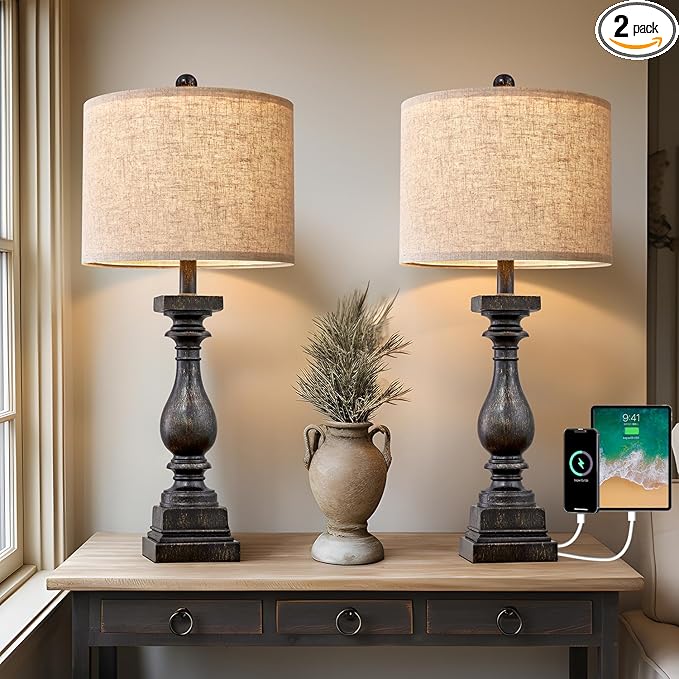 BOBOMOMO 27" Farmhouse Table Lamp Set of 2 with USB A+C for Bedroom Living Room Vintage Rustic Traditional Nightstand Bedside Lamps Retro Side Table Lamps (Black)-Ruum Studio Home