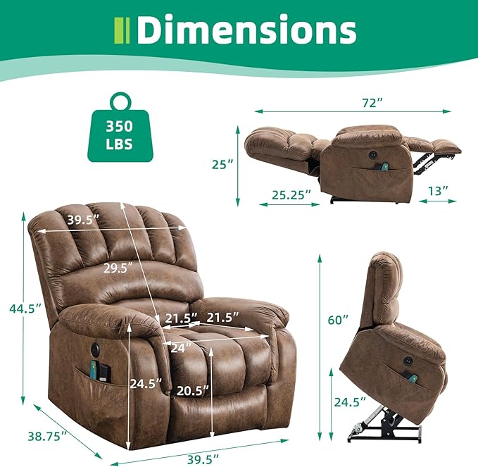 VIVIJASON Large Dual OKIN Motor Power Lift Recliner Chair for Elderly Big Man, 180° Lay Flat Electric Recliner with Heat & Massage, Infinite Position, 2 Remote Controls, Side Pockets & USB Port, Brown-Ruum Studio Home