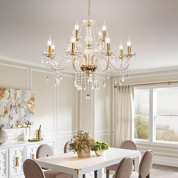 Modern Elegant 12 Lights K9 Crystal Glass Chandelier Golden Pendant Ceiling Lighting European Style for Dining Living Room Bedroom Transparent,12 E12 Bulbs Required-Ruum Studio Home