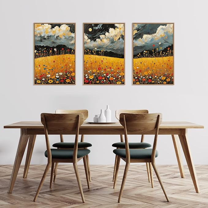 HLNIUC Mystical Moonlight Framed Wall Art Set,Night Moon Wildflower Canvas Wall Decor,Full Moon Mountain Flower Art Print,Large Golden Floral Landscape Wall Painting for Living Room,Office - 16”x24”x3-Ruum Studio Home