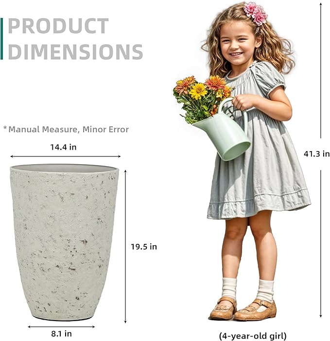 19.5" Resin Tall Planters for Outdoor Plants, Set of 2 Country White Large Flower Pots with Handmade Birch Bark Texture, Heavy-Duty and Weather-Resistant for Year Round Indoor Outdoor use-Ruum Studio Home