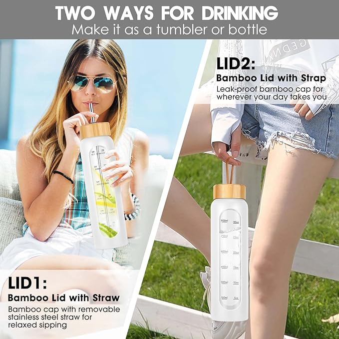 32 oz Glass Water Bottle with Straw - Motivational Time Marker & Silicone Sleeve - Reusable Tumbler Includes 2 Bamboo Lids & Fruit Infuser - 1 Pack-Ruum Studio Home