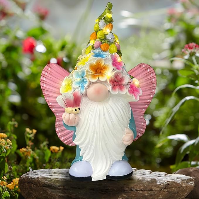 BAYN Garden Gnome Statues Outdoor Decor, Solar Powered Outdoor Gnome with Butterfly Wing Decorative Yard Garden Lights Art Gifts with 11 Warm White LEDs-Ruum Studio Home