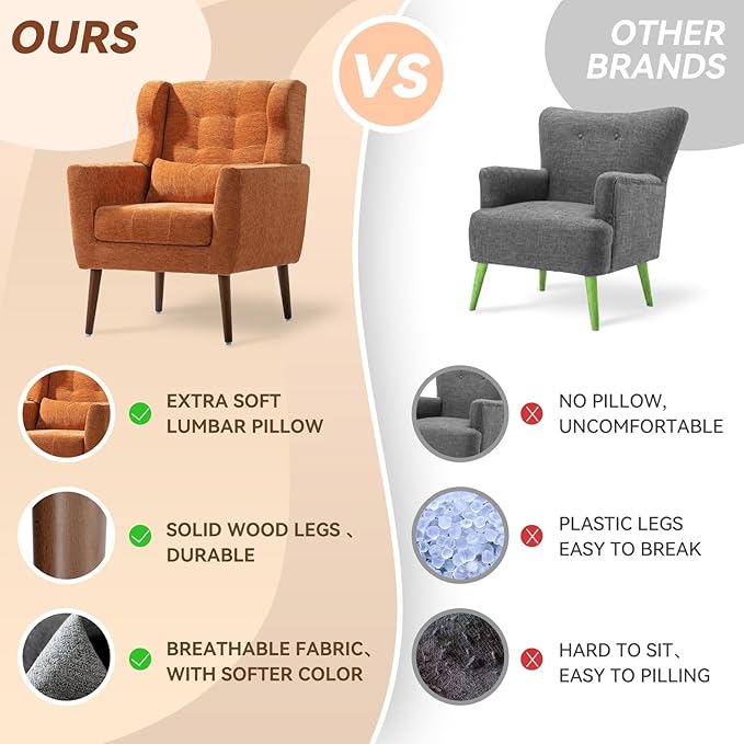 Accent Chair Set of 2, Upholstered Armchair with Pillow, Fabric Single Sofa Chair with Lounge Seat and Wood Legs Accent Chair for Living Room Small Spaces (Orange, Set of 2)-Ruum Studio Home