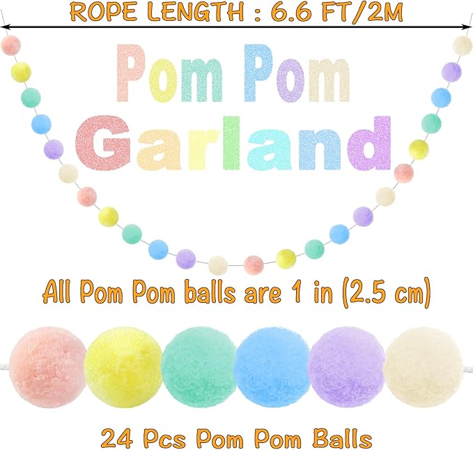 3pk Pastel Pom Pom Garland Easter Decorations Spring Home Decor Indoor Living Room Wall Classroom Xmas Tree, Cute Hanging Rainbow Colorful Felt Ball Garland Baby Shower Wedding Birthday Party Supplies-Ruum Studio Home