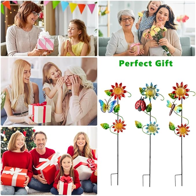 3 Pcs Sunflower＆Butterly＆Ladybug＆Dragonfly Decorative Garden Stakes,23.5 in Metal Sunflower Yard Art for Outside Decor,Spring Outdoor Decor for Mom,Women,Grandma-Ruum Studio Home