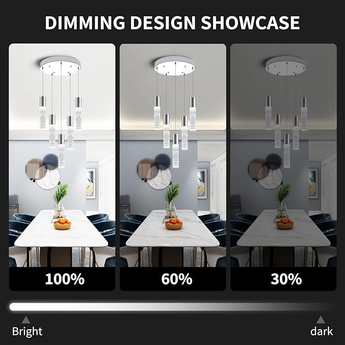 OKELI 5-Light Pendants Light for Kitchen Island Dining Room, 6000K Bubble Crystal Modern LED Kitchen Hanging Lights, 30W Chrome Pendant Lighting Fixture, Round-Ruum Studio Home