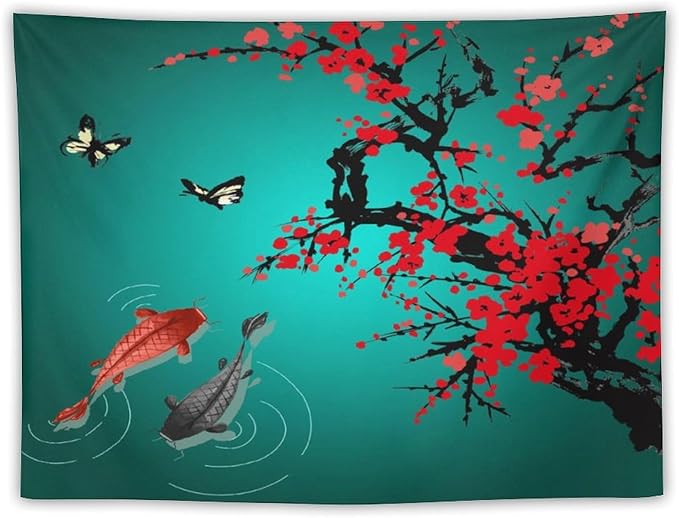 Houselerax Japanese Koi Fish Tapestry, Cherry Blossoms Asian Oriental Green Teal Floral Branch Koi Fish Carp Tapestries Wall Hanging for Bedroom Living Room Office Decor 60"x50"-Ruum Studio Home