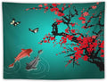 Japanese Koi Fish Tapestry, Cherry Blossoms Asian Oriental Green Teal Floral Branch Koi Fish Carp Tapestries Wall Hanging for Bedroom Living Room Office Decor 40"x30"-Ruum Studio Home