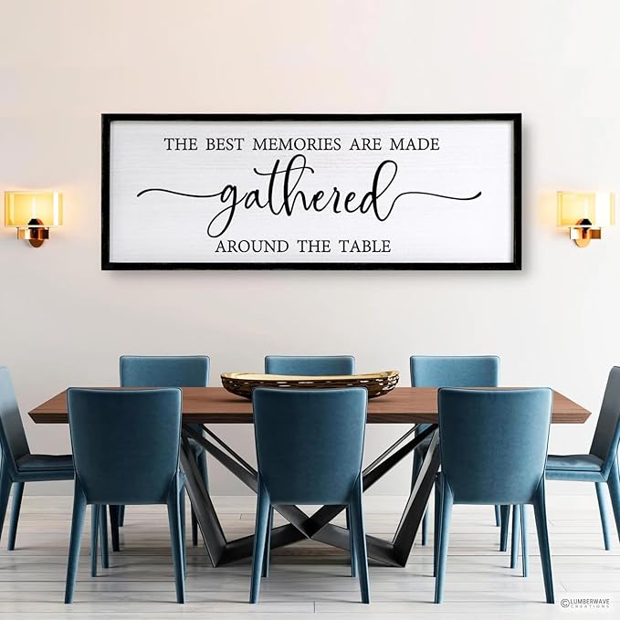 The Best Memories are Made Gathered Around The Table Sign Framed Wall Art, 32''×12'' Rustic Horizontal Plaque with Black Frame for Dinning Living Room, Farmhouse Long Home Family Wood Sign Wall Decor-Ruum Studio Home