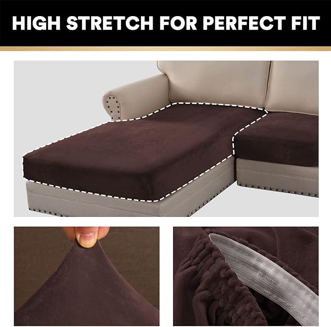 PrinceDeco Sectional Couch Covers 4 Pieces Velvet Separate Couch Cushion Covers L Shape for Left/Right Chaise Sectional Couch with Elastic Bottom (3 Seater + 1 Chaise,Brown)-Ruum Studio Home