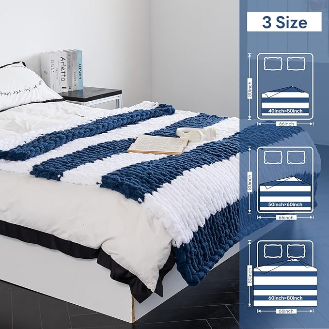 Chunky Knit Blanket - Luxury Soft Cozy 50 * 60 Throw Blanket,100% Woven Blanket Rope Knot Throw Blanket for Couch, Sofa, Home Decor, Gift - Machine Washable（White/Deep Blue）-Ruum Studio Home
