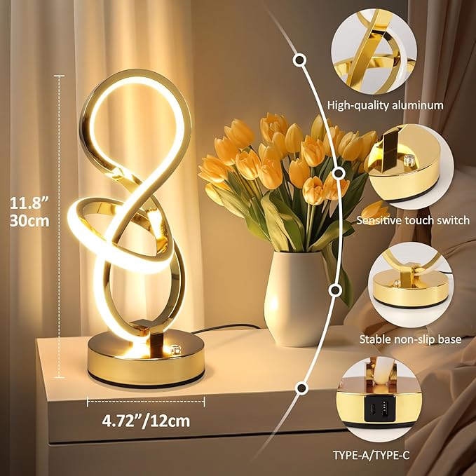 Modern Spiral Table Lamp, 7 Colors 10 Light Modes LED Nightstand Small Lamp with USB C+A Ports, Touch Dimmable Lamps for Living Room Bedroom Bedside, Unique & Cool Lamps,Gold-Ruum Studio Home