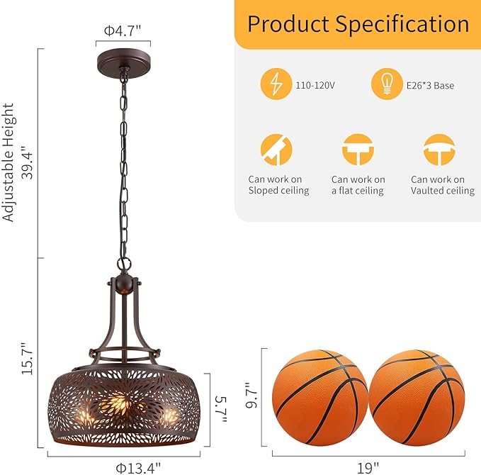WUZUPS Chandelier Rustic Farmhouse Industrial Round Ceiling Pendant LED Light Fixture with Later-Cut Openwork Drum Shade, H 15.7" x W 13.4", Oil Rubbed Bronze-Ruum Studio Home