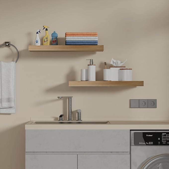 IAE Floating Wall Shelves 16 inch,Bathroom Shelves Wall Mounted,Invisible Shelves Floating Kitchen Shelves,Wooden Wall Shelves with Brackets for Living Room Wall Mounted,Easy Install,Set of 2,Natural-Ruum Studio Home